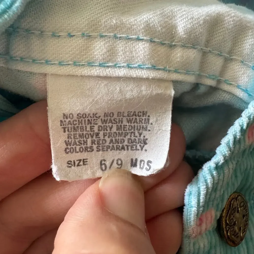 Vintage OshKosh B'Gosh Blue Corduroy Pink Flower Baby Overalls 6-9 Months - READ